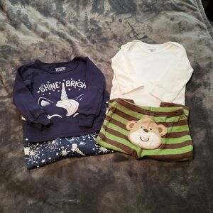 🩷 3/$15 Boys (3-6M) Set of 2 Pajamas Sets - Navy & White, Green & Brown EUC